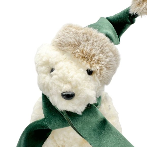 Winter Bear Stands Up Figurine Off-White Fleece with Green Velvet Scarf and Hat - Picture 2 of 13